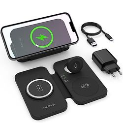 Mag-Safe Draadloze oplader, 3-in-1, 15 W, opvouwbaar, inductief laadstation voor iPhone 15/14/13/12-serie, Apple Watch en Air Pods Travel draadloze oplader met USB C-oplader