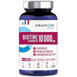 Biotine 10 000 µg GRANIONS, Complement alimentaire CHEVEUX, PEAU, ONGLES - Vitamine B5, Biotine, Millet, Cystine, Myrtille, Zinc, Sélénium, Methionine - Vegan, sans gluten, 60 comprimés Made in France