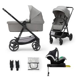 Kinderkraft NEWLY 4 en 1 Poussette, Avec Siège Auto MINK PRO I-Size 2 en 1, base ISOFIX, 360°, Poussette Canne, Trio, SYSTÈME DE VOYAGE, Landau, Accessoires, Adaptateurs, Nacelle, Jusqu’à 22 kg, Gris