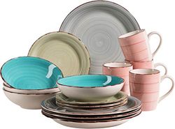 MÄSER 931499 Bel Tempo II - Vajilla para 4 personas (16 piezas, cerámica pintada a mano), varios colores, gres, color azul ahumado/turquesa/verde/rosa
