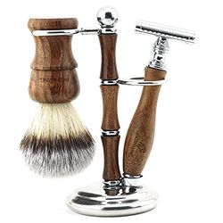 Jag Shaving Juego de afeitado sostenible de 3 piezas de madera – Brocha de afeitar de pelo sintético – Cuchillas de afeitar de doble borde – Maquinilla de afeitar para hombre y mujer – Soporte de