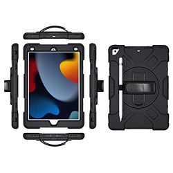 iPad 9.7 2017 2018/Pro9.7/Air2 Generation Case with Screen Protector Pencil Holder Kickstand 360 Rotating Hand Strap Hand Strap Kickstand Robust Protective Case (Black)