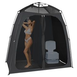 EighteenTek Upgraded Pop-Up Shower Tent, Black, 2-Room Privacy Shelter with Floor & Dual Doors, Portable Camping Toilet & Changing Tent, 83" x 47" x 77.6"H