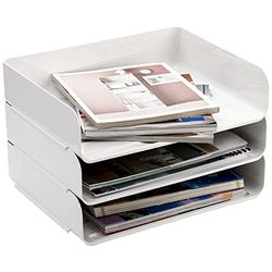Okllen 3 Pack Stackable Desktop Letter Tray, 3 Tier Paper Document Tray Organizer, White Plastic Desk File Rack for A4 Paper, Magazine, Receipts, Office Supplies, 31.5x24.5x7 CM