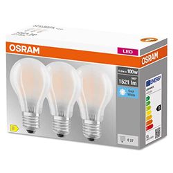 OSRAM LED lamp, Voet: E27, Cool White, 4000 K, 11 W, vervanging voor 100 W gloeilamp, frosted, LED BASE CLASSIC A Set van 3