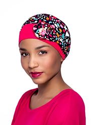 NJ Creation Kenaya Button Hat in Fuchsia Bamboo with Spotted Print on Navy Blue Background