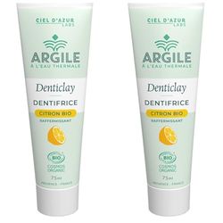CIEL D'AZUR LABS - Denticlay Argile - Dentifrice Bio à l'Argile Blanche et à l'Eau Thermale de Digne les Bains - Certifié Bio Cosmos Organic - Tube 75ml - Citron (Lot de 2)