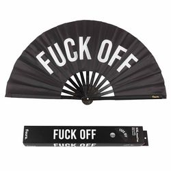 Fisura Grote opvouwbare waaier "f*CK Off". Originele waaier met grote boodschap zwart XXL. Opvouwbare bamboe waaier. Afmetingen: 64 x 33 cm.