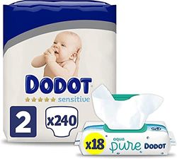 Dodot Pañales Bebé Sensitive Talla 2 (4-8 kg), 240 Pañales + Toallitas Aqua Pure, 99% Agua, 18 Paquetes (18x48), Máxima Protección de la Piel de Dodot