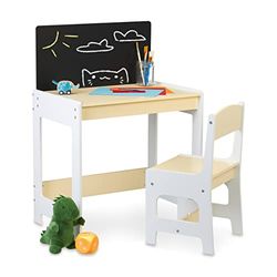 Relaxdays mobilier Enfants Bureau & Chaise, Table avec Tableau, pour Peindre et bricoler, lot pour Petits, Blanc - Beige