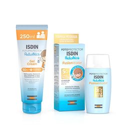 Isdin Pediatrics Gel Cream SPF 50+ - Protector solar corporal para niños, 250 ml + Fusion Water Pediatrics SPF 50 - Protector solar facial para niños, Apto para piel atópica, 50 ml