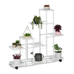 Relaxdays Étagère à Plantes, avec roulettes, 9 emplacements, H x L x P : 91,5 x 93 x 26 cm, pour intérieur, Blanche