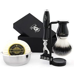 Kit de afeitado Haryali London con maquinilla de afeitar de 3 filos, cepillo, soporte, jabón, cuenco y juego de afeitado perfecto de alumbre