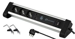 Electraline 61907 Meervoudige stekkerdoos voor bureau, 3 plaatsen, Schuko + 10/16 A, 2 65 W, 1 type C voor computer + 1 USB 3.0 A QuickCharge, bevestigingshouders, zwart/zilver, stopcontact