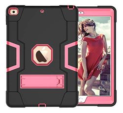 iPad 12.9 (2018/2020/2021) Generation Case with Kickstand, Durable Heavy Shock Back Hybrid Hard Hybrid Three Layer Protective Cover iPad Tablet Silicone Case (Black + Rosened)