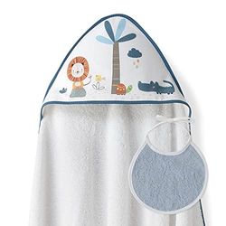 Ensemble Interbaby: Cape de bain Bébé a capuche avec bavoir - Lion Palmier - blanc et pétrole