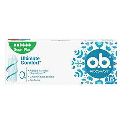 Tampões OB ProComfort Ultimate Comfort (1 x 16), tampões de absorção super plus sem produtos químicos nocivos ou fragrância, tampões sem aplicador não branqueados com cloro