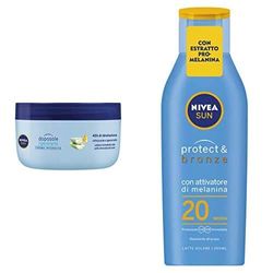 Nivea Sun Protect & Bronze Latte Solare con Attivatore di Melanina, FP20, 200 ml + Nivea Sun Crema Intensiva Doposole Rigenerante con estratto di Loto, 300 ml