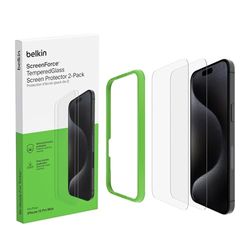 Belkin ScreenForce TemperedGlass Screen Protector for iPhone 15 Pro Max, Crystal Clear, Scratch-Resistant, Full Screen Coverage, Easy Align Frame, Bubble Free Application, 2-Pack- Amazon Exclusive