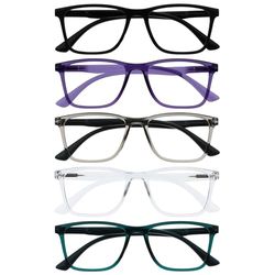 OPULIZE NYX Blue Light Blocking Reading Glasses - Anti-Glare Computer and Gaming Eyewear - 5 Pack - UV and Eyestrain Protection - Rectangular Frame - Black Purple Grey Clear Turquoise - Men Women