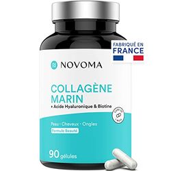 NOVOMA Collagène Marin + Acide Hyaluronique, 1000 mg de Collagene Pur Hydrolysé Type 1 & 3, Avec Vitamine C, Zinc et Biotine, Beauté de la Peau, Cheveux et Ongles, 90 gélules