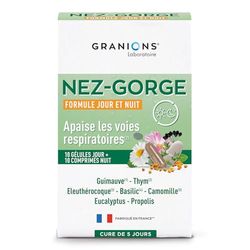GRANIONS Nez Gorge I Formule jour : Apaise la gorge, améliore le confort respiratoire, soutient les défenses I Formule Nuit : Relaxe et apaise pour un sommeil serein I Programme de 5 J