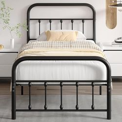 VECELO Metalen bed, 90 x 200 cm, bedframe met lattenbodem en hoog hoofdeinde, modern logeerbed, tienerbed, eenvoudige montage voor slaapkamer, logeerkamer, zwart