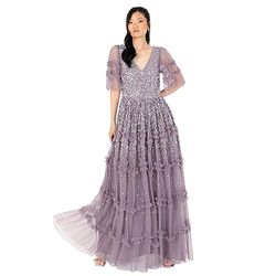 Maya Deluxe Women's Maxi Dress Ladies V-Neck Sequin Embellished Ruffle Detail for Wedding Guest Bridesmaid Prom Occasion Ball Gown Vestiti, Moody Lilac, 46 Donna