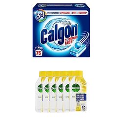 Calgon 4-in-1 Washing Machine Cleaner and Water Softener Tablets, 75 Count + Dettol Washing Machine Cleaner Lemon Breeze, Pack of 6 x 250 ml, Removes Limescale, Residue, Dirt, Odours & Rust