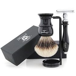 Colore nero da uomo, set da barba con nastro di punta da barba, doppio supporto per rasoio e pennello lungo e rasoio di sicurezza.