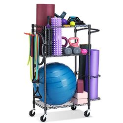 FHXZH Home Gym Opbergrek, Workout Apparatuur Opslag Organizer voor Yoga Mat Yoga Bal Halter Kettlebells Foam Roller Weerstand Bands, Oefenapparatuur Opslag met Haken en Wielen