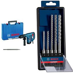 Bosch Professional Schlaghammer GSH 3 E (inkl. Fliesenmeißel, Spitzmeißel, Zusatzhandgriff, im Koffer) + 5x Expert SDS plus-7X Hammerbohrer Set (für Stahlbeton, Ø 5-10 mm, Zubehör) | 5 Stück