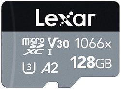 Lexar Professional 1066x 128GB Micro SD Kaart, microSDXC UHS-I Geheugenkaart met SD-adapter uit de SILVER-serie, tot 160 MB/s Lezen, voor action camera, drone, smartphone, tablet (LMS1066128G-BNAAG)
