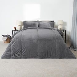 OHS 10,5 Tog Coverless Dekbedovertrek Single Teddy Fleece Grijs Beddengoed Set, Zomer/Winter Dekbedovertrek Dekbedovertrekken Beddengoed Eenpersoons Coverless Dekbedovertrek met Kussensloop, Houtskool