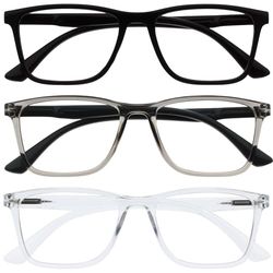 OPULIZE NYX Blue Light Blocking Reading Glasses - Anti-Glare Computer and Gaming Eyewear - 3 Pack - UV and Eyestrain Protection - Rectangular Frame - Black Grey Clear - Men Women - + 3.00