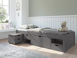 Inter Link - Lit simple - Multifonction - Lit avec rangements - Lit fonctionnel -Avec table de chevet - 3 tiroirs - 2 niches - Bois massif - Avec sommier -Gris - Till 90 x 200 cm