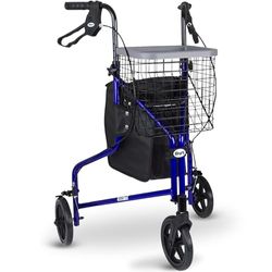 Days Lightweight Aluminium 3 Wheel Walker – Height Adjustable and Foldable Mobility Aid for Elderly – Triwalker with Basket, Tray, Bag and Lockable Brakes – Indoor and Outdoor Walker – Blue