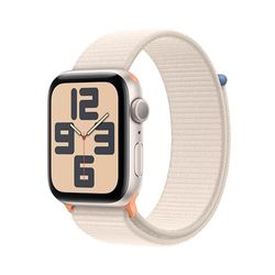 Apple Watch SE (2e generatie, 2023) (GPS 44 mm) Smartwatch - Kast van sterrenlicht aluminium - Sterrenlicht geweven sportbandje. Conditie en slaap bijhouden, ongelukdetectie, CO₂-neutraal