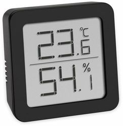 TFA Dostmann digitale thermo-hygrometer, 30.5051.01, voor binnenklimaatcontrole met temperatuur en luchtvochtigheid, klein en handig, om op te hangen of neer te zetten, zwart, (L)61 x (B)20 x (H)61 mm