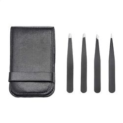 Amazon Basics pinzette professionali, in acciaio inox per rimozione di peli del viso, sopracciglia, ciglia o peli incarniti, con custodia da viaggio, Confezione da 4, colore: nero