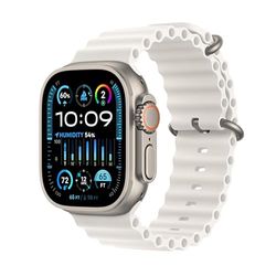 Apple Watch Ultra 2 [GPS + Cellular 49 mm] med robust titanboett och Havsband i vit. Träningsmätare, precisions-gps, snabbknapp, extra lång batteritid, ljusstark Retina-skärm