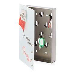 Relaxdays sleutelkastje met glassboard, 30 x 20 cm, 10 haken, 6 magneten, beschrijfbaar, sleutelhouder, wit-zilver