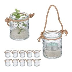 Relaxdays Vasetti Portacandele, Set da 12, Vasi in Vetro, Manico con Corda di Canapa, HxD 7 x 6 cm, Trasparente Marrone