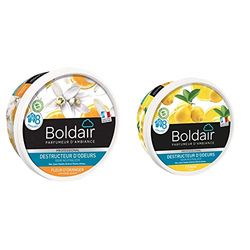 BOLDAIR - Gel destructeur d'odeur Fleur d'Oranger - Neutralise les odeurs - parfume - Produit gel solide - 300g & Gel destructeur d'odeur Citron - Neutralise les odeurs - parfume - 300g