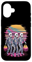 Squelettes surréalistes marchant rétro coucher de soleil art Coque pour iPhone 16
