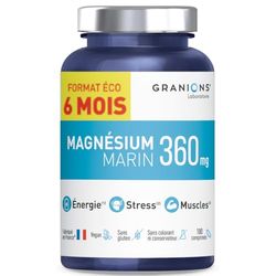 GRANIONS - Magnesium Marin 360 mg - FORMAT 6 MOIS - Fabriqué en France - Magnésium + Vitamine B6 - Anti Stress - Magnésium Marin de Haute Qualité - 180 Comprimés de Magnesium