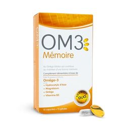 OM3 - MÉMOIRE - Formule Duo : Huile de poissons & Plantes -Oméga-3, Centella, Gingko, Magnésium et Vitamine B5 - 15 capsules + 15 gélules