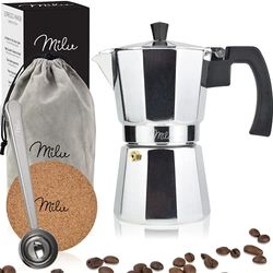 Milu Caffettiera (Non Induzione) | 2, 3, 6,9 Tazze | Caffettiera Espresso in Alluminio, Set comprendente sottobicchiere, cucchiaio, spazzola (Alluminio, 3 Tazze (150ml)