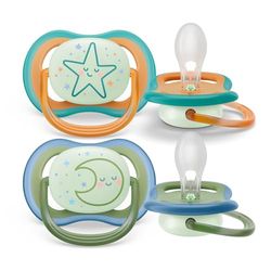 Philips Avent Sucettes ultra air Nuit, légères et aérées pour bébés âgés de 18 mois et plus, 0% BPA, avec pastille phosphorescente, lot de 2 (modèle SCF376/23)