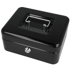Westcott Caja de efectivo con cerradura (20 cm) negra | Caja con cerradura de chapa de acero con 2 llaves | Inserto extraíble para monedas con 3 compartimentos | E-51001 BLACK
